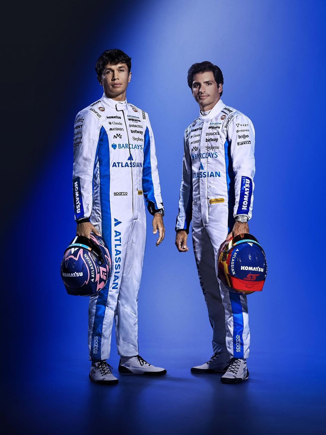 Photo shared by Atlassian Williams F1 Team on February 03, 2026 tagging @carlossainz55, and @alex_albon. May be an image of helmet and text.