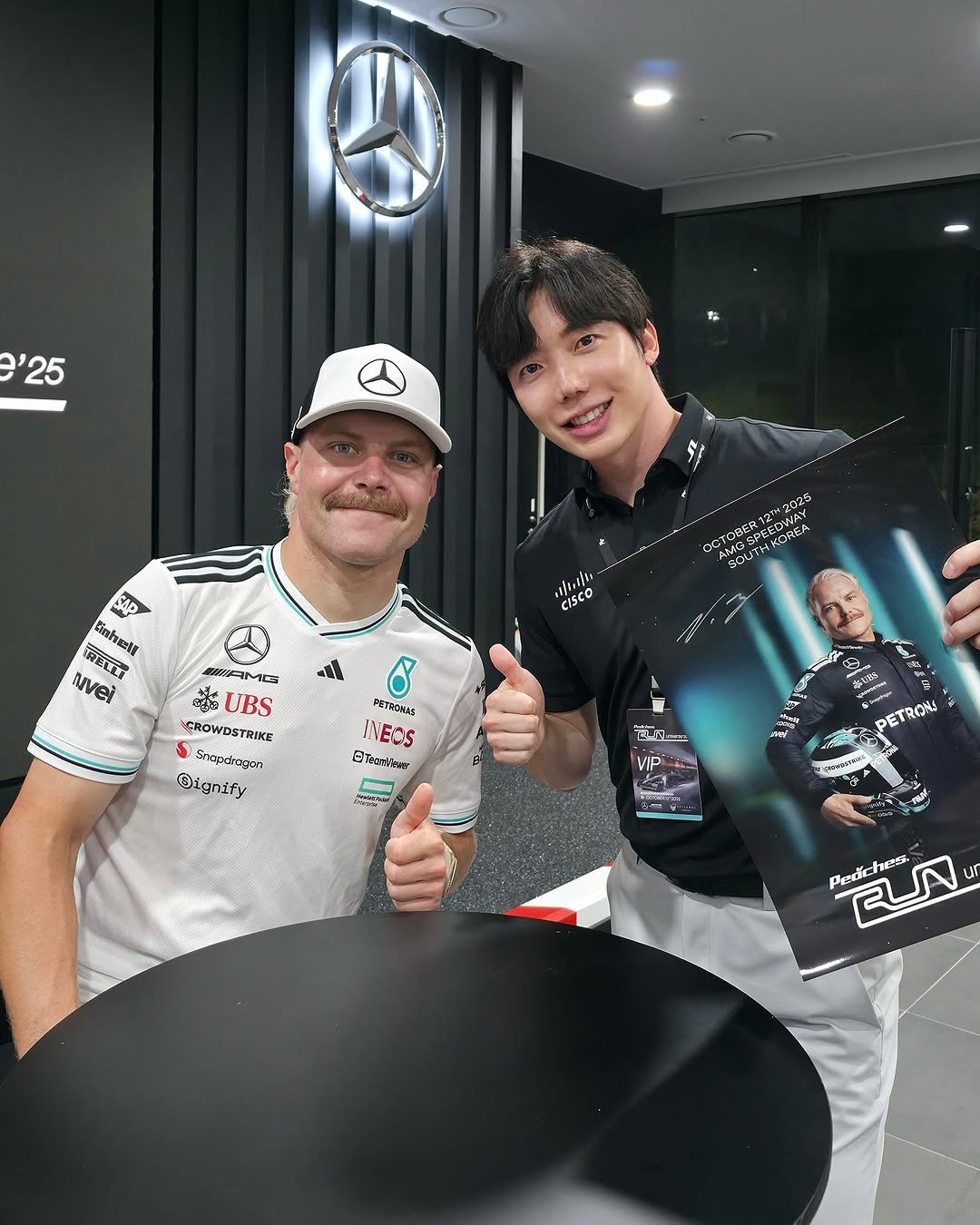 Photo shared by Jihoon Kim on October 14, 2025 tagging @mercedesamgf1, and @valtteribottas. May be an image of stadium and text.