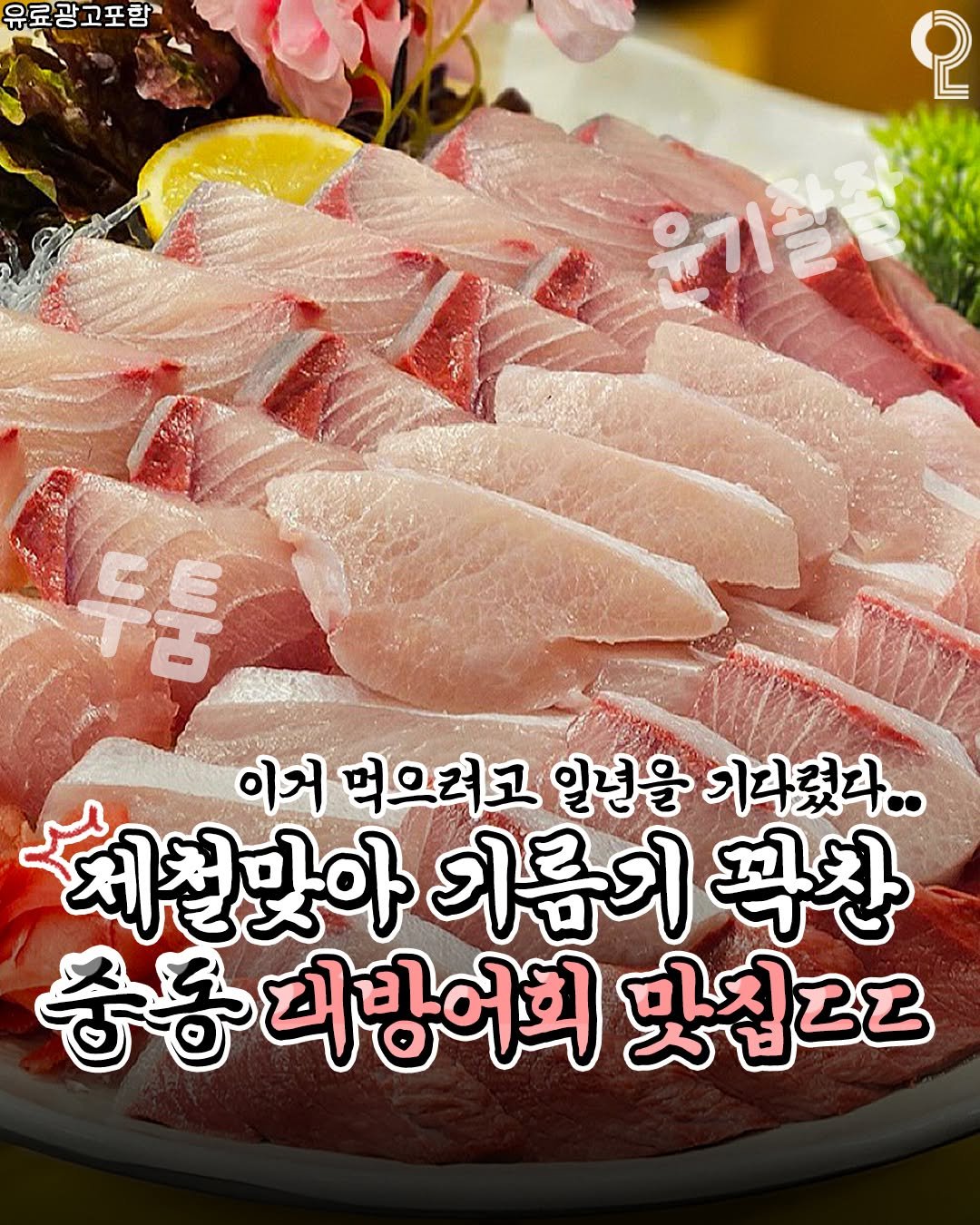 Photo by 부천에서 뭐 하지? 부천맛집 부천카페 부천여행 부천가볼만한곳 on November 06, 2025. May be an image of sashimi and text that says '유료광고포함 စု 유기갈 윤기설금 두둠 이거 먹으려고 일년을 기다렸다.. 제절맛아 기름기 곡찬 충동 충동대랑어희맛집 대낭어회 맛칩즈즈'.