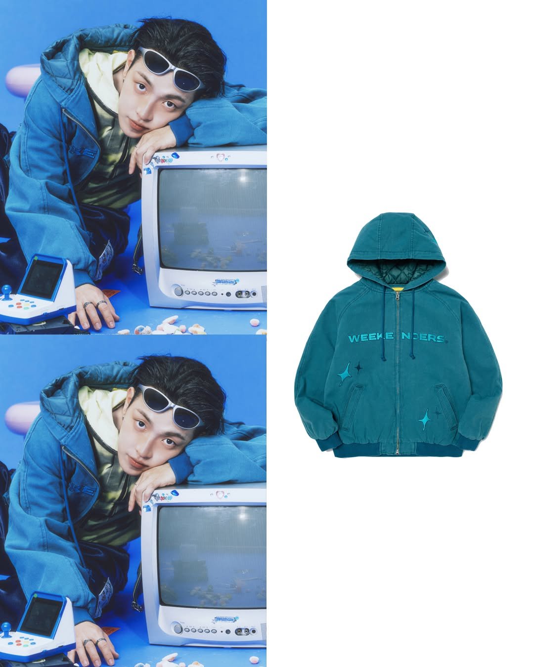 Photo shared by 패션홍보대행사_올데이 커뮤니케이션 on April 27, 2026 tagging @wkndrs_official, @ateez_official_, and @no1likeme8_8. May be an image of duffle coat, jacket, fleece, sportswear, raincoat, parka, sweatshirt and text.