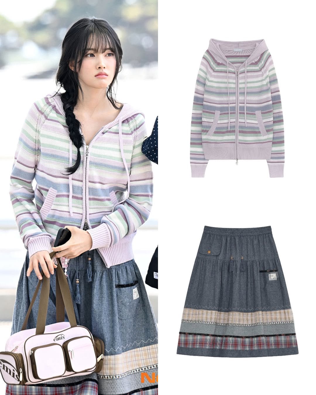 Photo shared by 패션홍보대행사_올데이 커뮤니케이션 on April 27, 2026 tagging @hugyourskin.wear, and @stayc_highup. May be an image of skirt, drawstring, parka, sweater, miniskirt, dress and text.