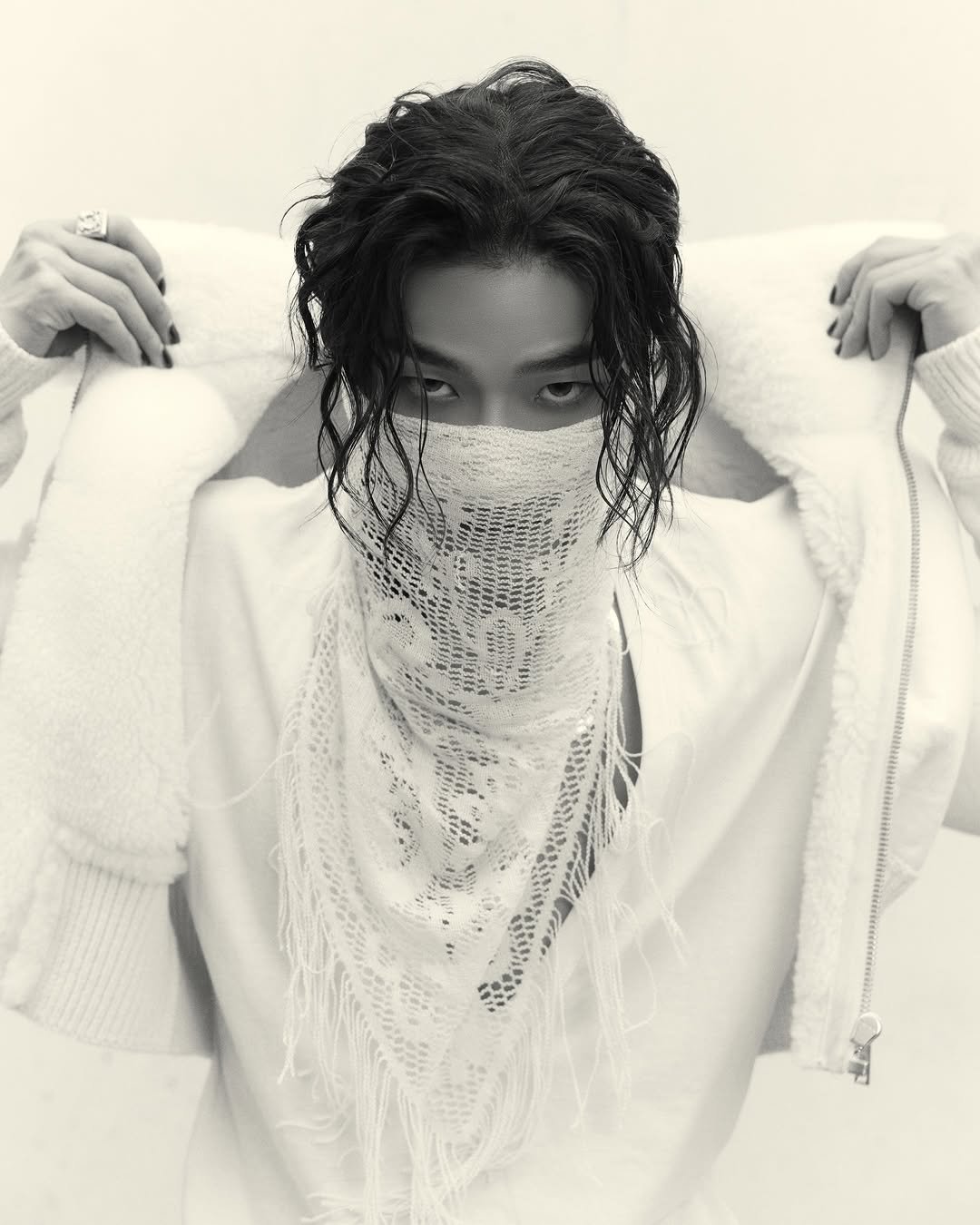 Photo shared by ALLDAY PROJECT on January 11, 2026 tagging @tarzzan. May be a black-and-white image of one or more people, braids, bangs, face mask, bandanna, headscarf, shawl, bolo tie and text.