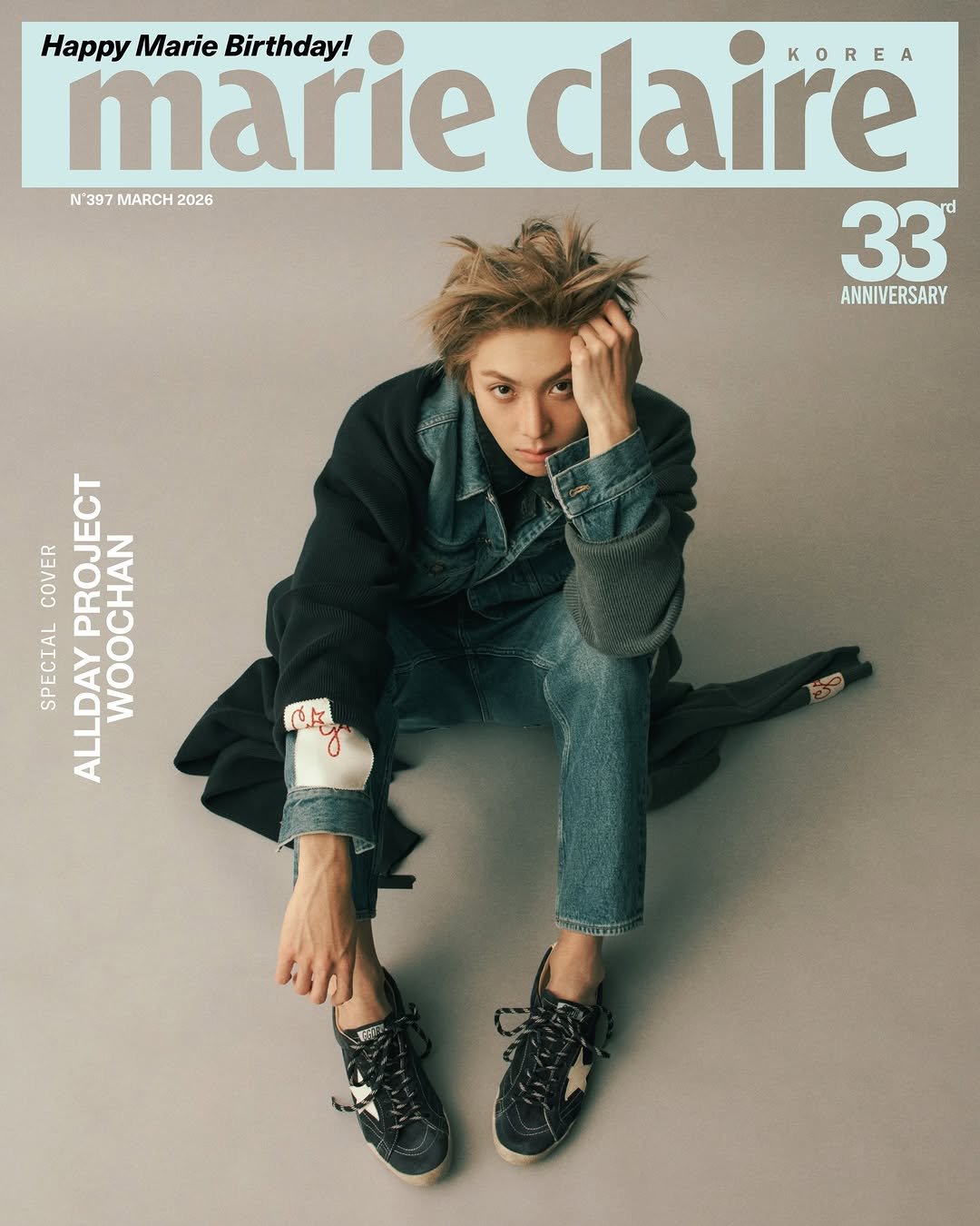Photo shared by marie claire korea 마리끌레르 on February 14, 2026 tagging @goldengoose, @jowoochan_santa, and @allday_project. May be an image of one or more people, makeup, magazine, poster and text that says 'Happy marieclaire marie Marie Birthday! claire KOREA N'397 MARCH N'397MARCH2026 2026 33 ANNIVERSARY COVER SPECIAL ALLDAY PROJECT ALLDAYPROJECT WOOCHAN 上 তই'.