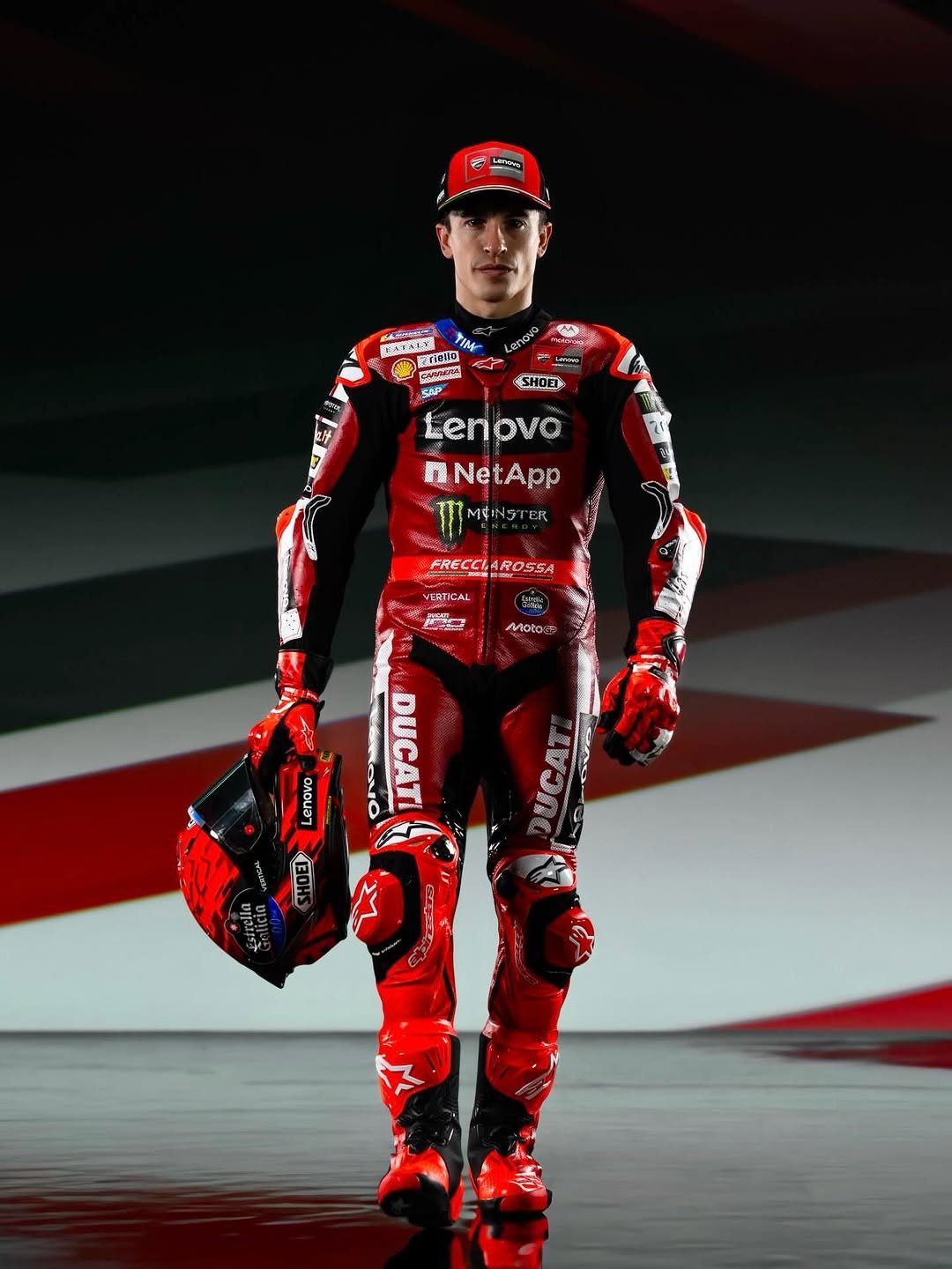 Photo shared by Alpinestars on February 21, 2026 tagging @marcmarquez93. May be an image of racing vehicles, helmet and text.