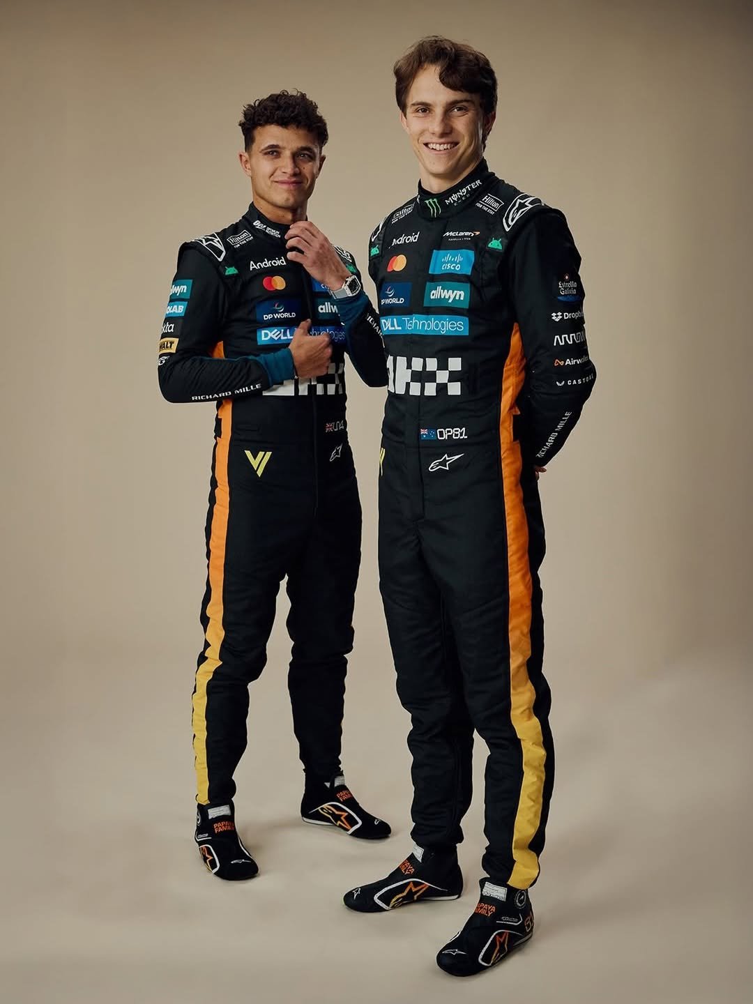 Photo shared by Alpinestars on January 05, 2026 tagging @mclaren, @lando, and @oscarpiastri. May be an image of racing vehicles, race car, helmet and text.