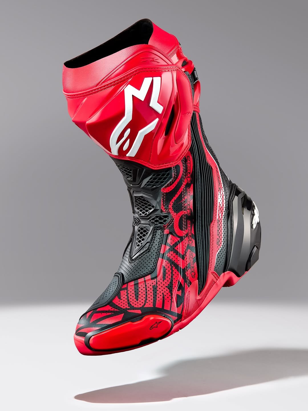 Photo shared by Alpinestars on February 19, 2026 tagging @pecco63. May be an image of boots, sports equipment and text.