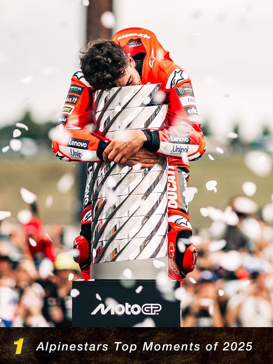 Photo shared by Alpinestars on December 31, 2025 tagging @marcmarquez93. May be an image of ‎racing vehicles, motorcycle, dirt bike, helmet, poster, stadium and ‎text that says '‎MUTX bait 知 NOO له Lenovo Unip Lenovo Unipol נת ا DUCATI 西 MOtOG? 1 Alpinestars Top Moments of 2025‎'‎‎.