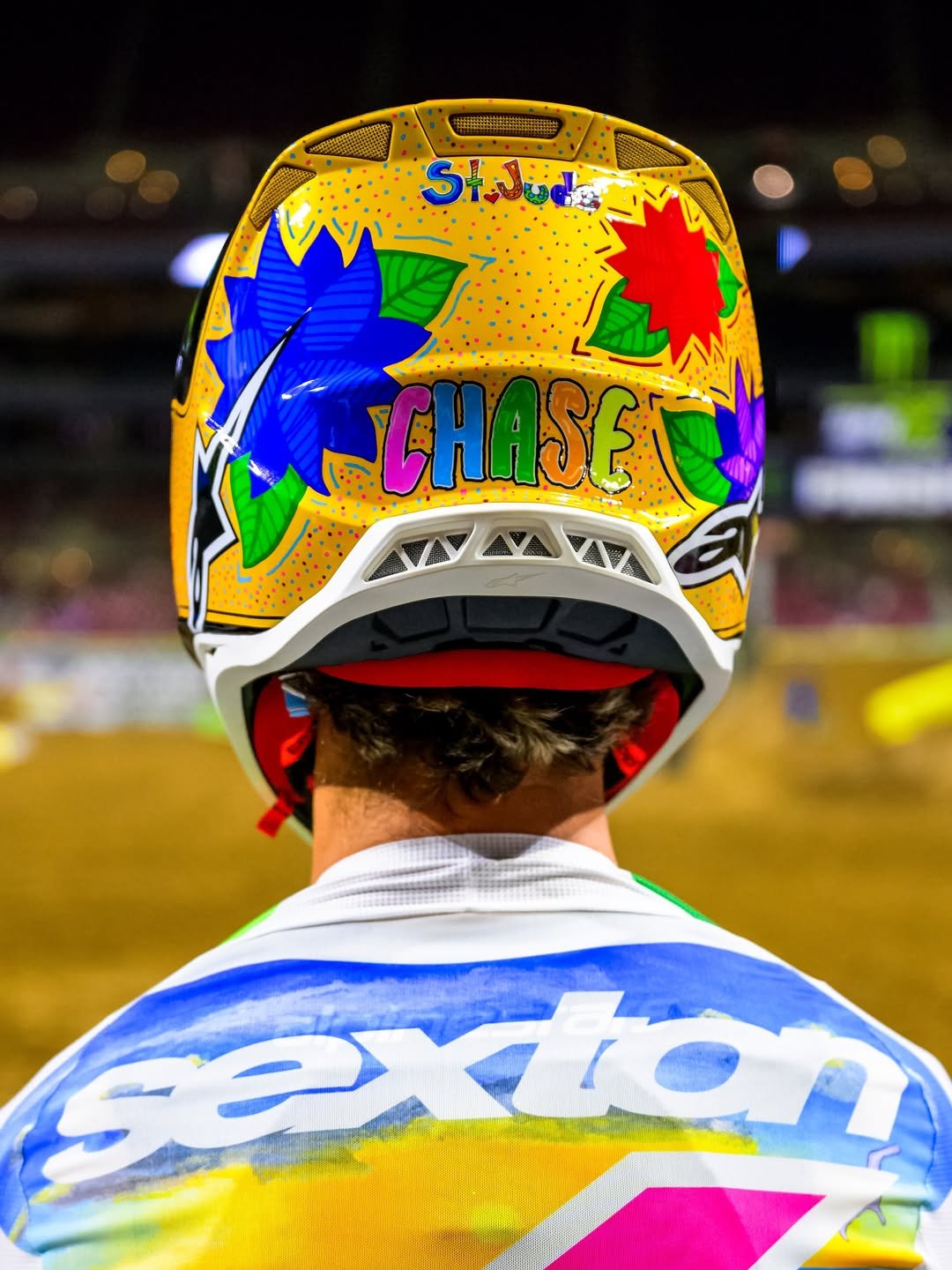Photo shared by Alpinestars MX and Off-Road on April 08, 2026 tagging @stjude, and @chasesexton. May be an image of racing vehicles, dirt bike, helmet and text that says 'SIJUD CHASE sextan'.