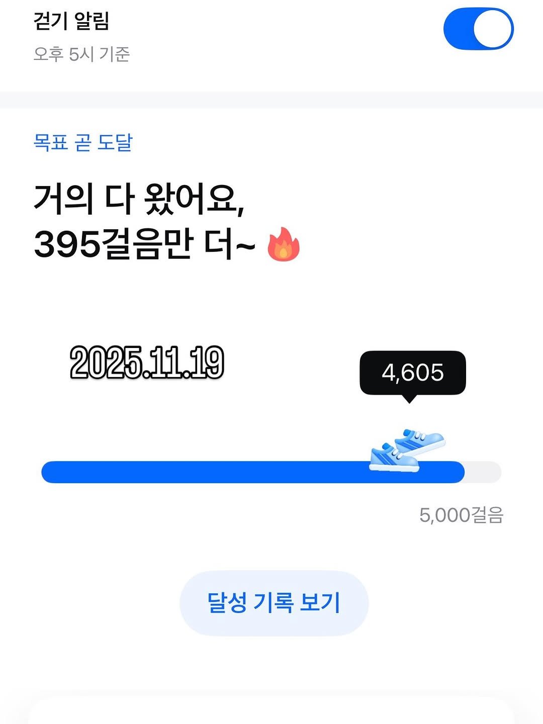 Photo by 슬기로운엄마생활 on November 19, 2025. May be an image of text that says '걷기 알림 오후 5시 기준 목표 곧 도달 거의 다 왔어요, 39 395걸음만 더~ 2025.11.19 4,605 5,000걸음 달성 기록 보기'.