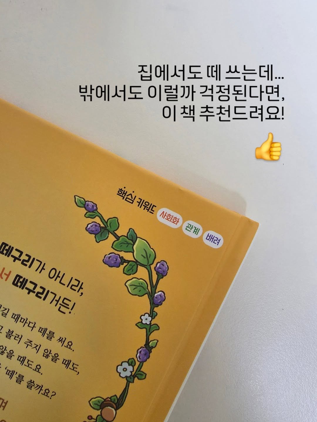 Photo by 아미미맘〡책육아 • 엄마표교육 • 워킹맘 on February 11, 2026. May be an image of book and text that says '집에서도 떼 쓰는데... 밖에서도 이럴까 걱정된다면, 이 책 추천드려요! 핵심 핵심키워드 키워드 사회화 관계 사회화 배려 너 매구리게든! 떼구리거든! 아니라, 구리가 그리가 길 불러 때마다떼를써요. 불러주지않을때도, 써요. 않을 주지 때도요. 않을 때도, '떼'를 쓸까요?'.