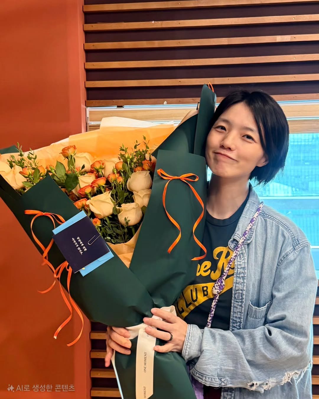 Photo by 안영미 on November 04, 2025. May be an image of flower arrangement, prairie gentian, white lily, baby's-breath, rose and text.