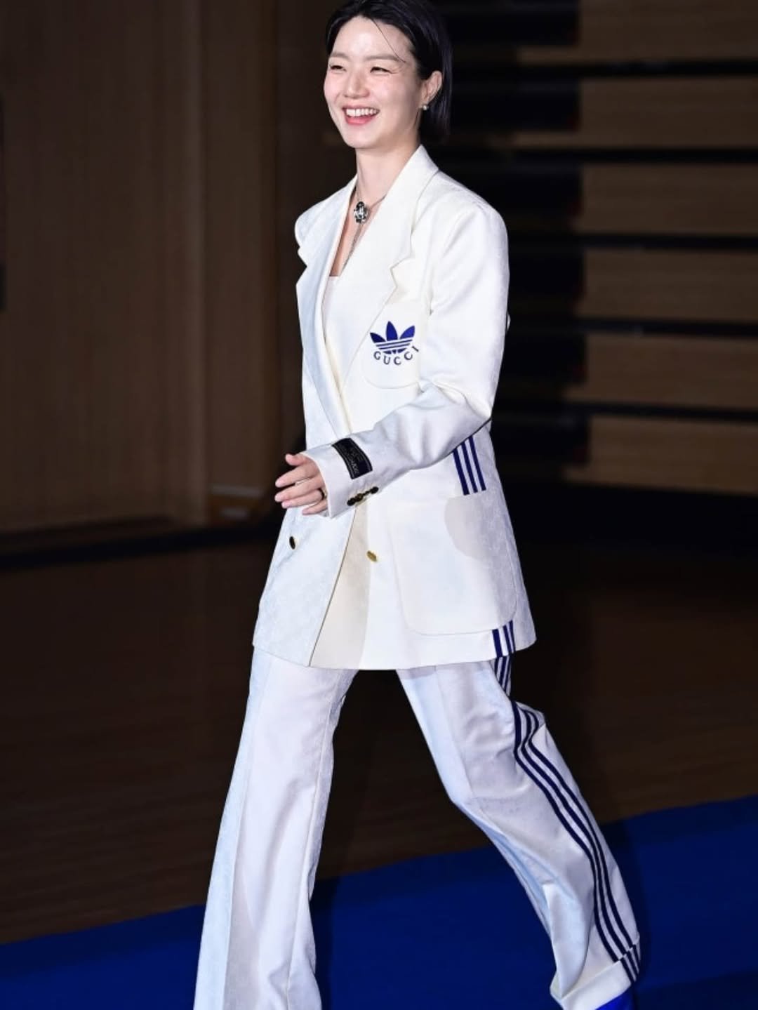 Photo shared by 안영미 on August 29, 2025 tagging @makeitnoh, and @_lee_ju_eun_. May be an image of 1 person, performing martial arts and text that says '2 GUCC'.