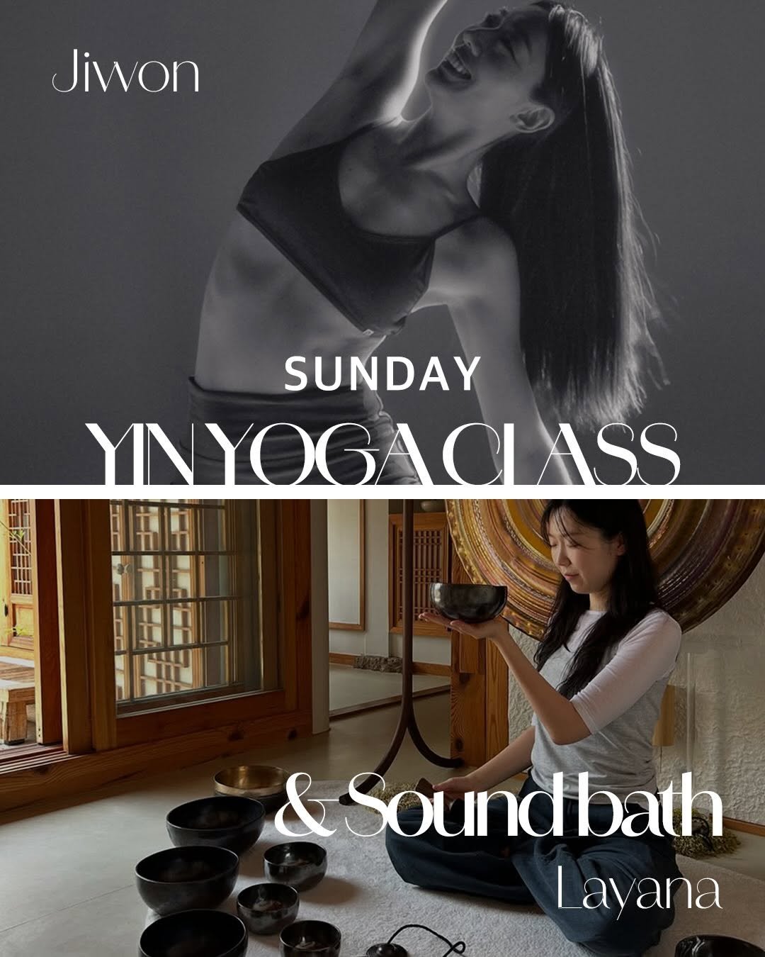Photo shared by ananda yoga on November 25, 2025 tagging @jiwa_bang, and @layanayoga. May be an image of yoga and text that says 'Jiwon SUNDAY YNYOGACLASS &Soundbath bath Layana Lay ana'.