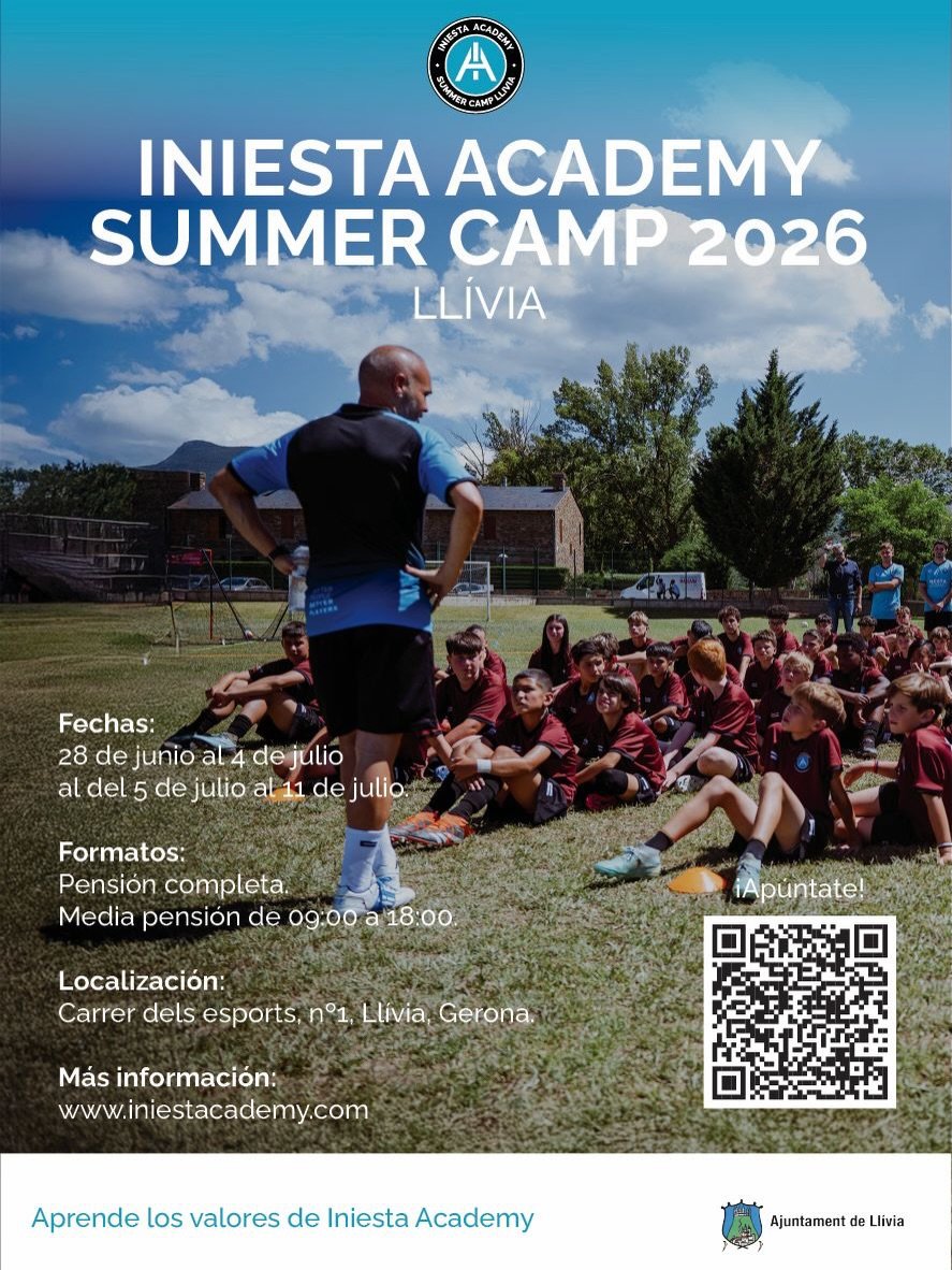 Photo shared by Iniesta Academy Global on February 17, 2026 tagging @andresiniesta8, @weare_nsn, @ajuntament_de_llivia, and @capitten. May be an image of poster, sports equipment, outdoors and text that says 'MOT ACABИ WER HUNNER INIESTA ACADEMY SUMMER CAMP 2026 LLIVIA Fechas: 28 de junio al 4 dejulio dej al del de julio al 11 de julio. Formatos: Pensión completa. Media pensión de 09:00 18:00 iApul Apuntate! Localización: Carrer dels esports, n°1, Llívia, Gerona. Más información: www.iniestacademy.com Aprende los valores de Iniesta Academy Ajuntament de lívia'.