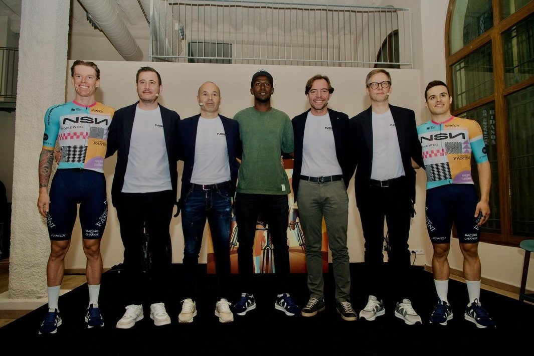 Photo shared by Andres Iniesta on December 18, 2025 tagging @tjakestewart, @joel_borras81, @kjellcarlstrom, @paums_24, @weare_nsn, @palau_martorell, @biniam_girmaye_hailu_, and @stonewegexperience. May be an image of bicycle, sportswear and text.