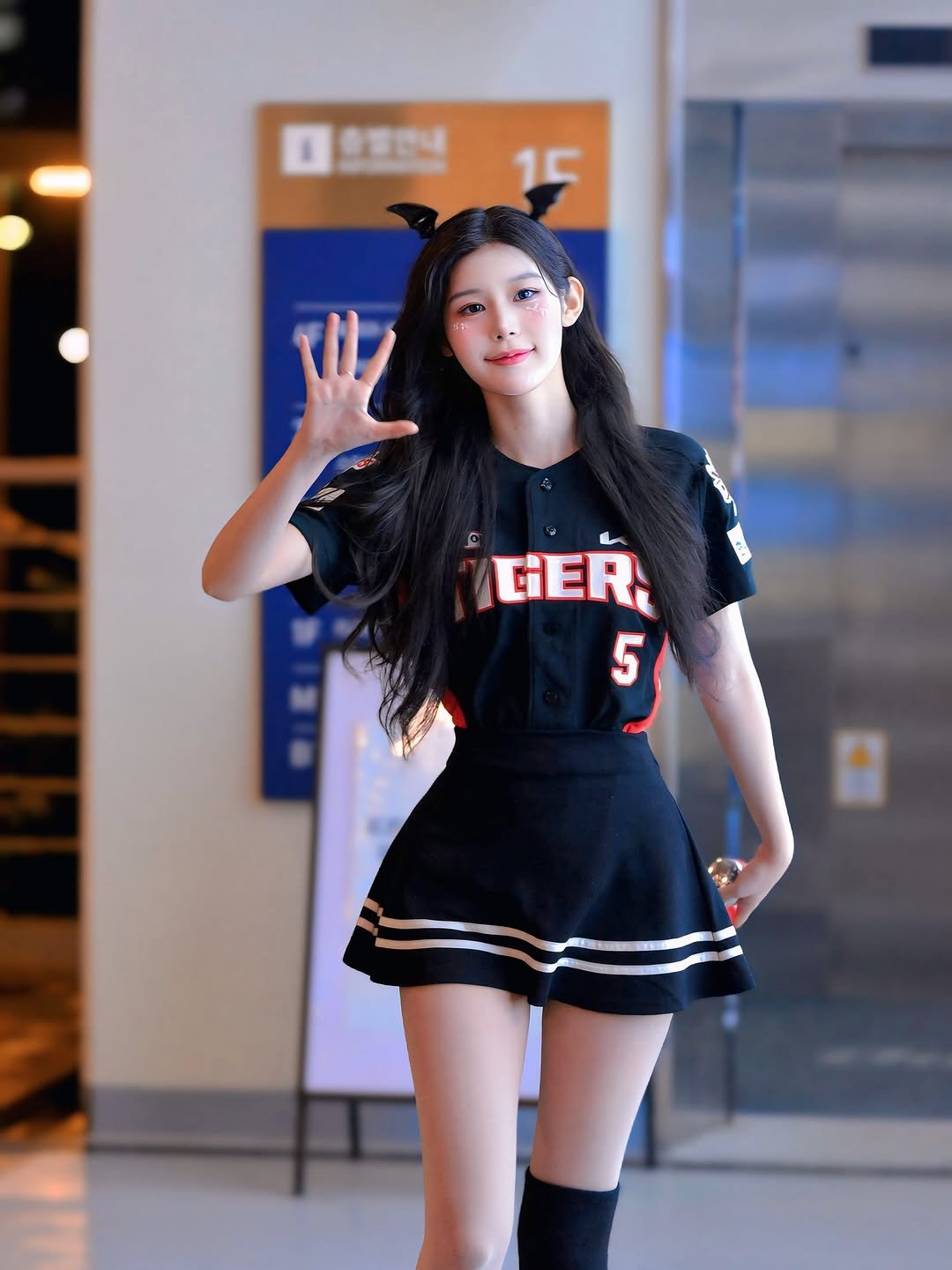 Photo shared by 신혜령 on August 16, 2025 tagging @apex_cheerleader_official. May be an image of 1 person, costume, miniskirt and text.