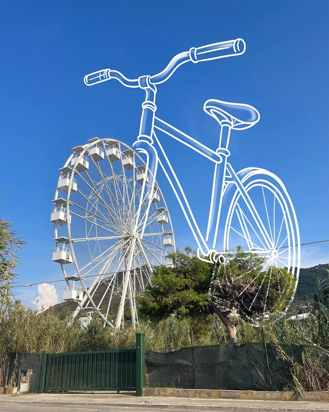 A picture of a large white ferris wheel set against a vibrant blue sky. The photographer has added an illustration that turns the ferris wheel into the front wheel of a large illustrated bike.