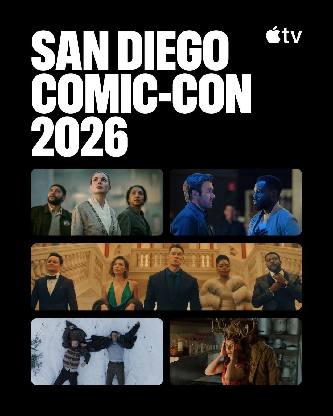 A graphic featuring images from Silo, Dark Matter, Matchbox, Mayday, and Widow’s Bay. Text at the top of the image reads, “SAN DIEGO COMIC-CON 2026” and the Apple TV logo.