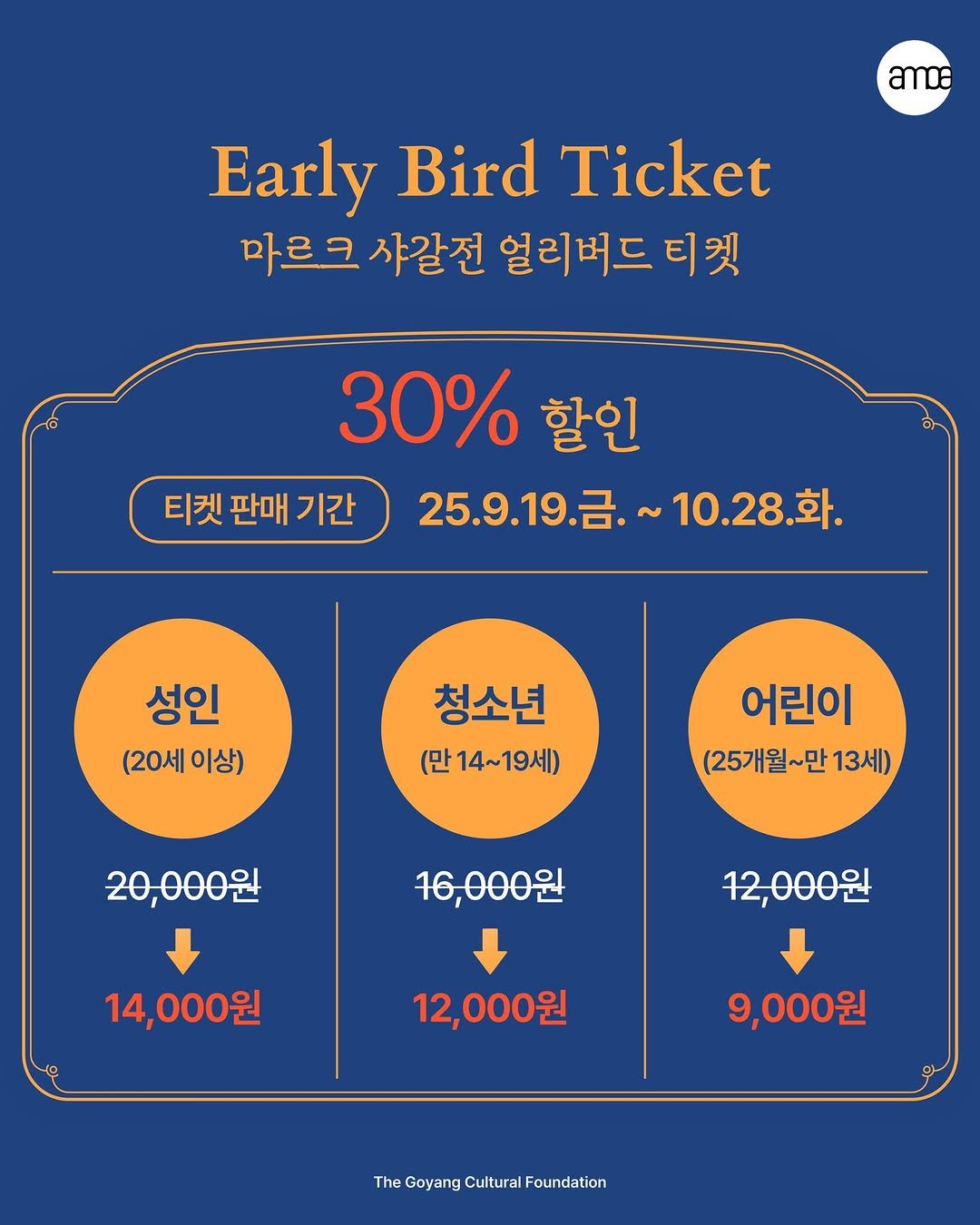 Photo shared by 고양문화재단 on September 11, 2025 tagging @arammuseumofart. May be an image of poster and text that says 'amde Farly Bird Ticket 마르크 사갈전 열리버드 티켓 30% 할인 티켓 판매 티켓판매기간 기간 25.9.19.금.~10.28.화. ~ ~10.28.화. 25.9.19.금 성인 (20세 (20세이상) 이상) 청소년 (만14~19세) (만 어린이 (25개월~만13세) ~만 만13세) (25개월~ 20,000원 16,000원 14,000원 14, 12,000원 12,000원 9,000원 TheGoyangCulturalFoundation Cultural Foundation The Goyang'.