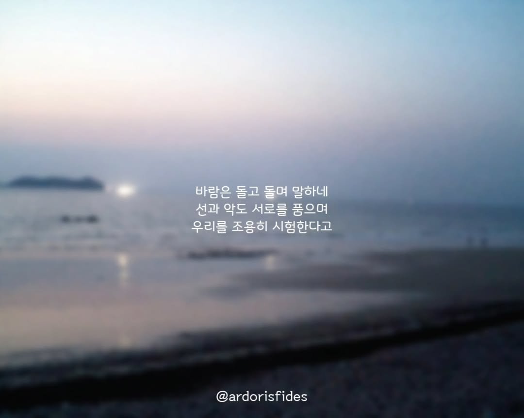 Photo by 작가 피데스 on July 23, 2025. May be an image of text that says '바람은 돌고 돌며 말하네 선과 악도 서로를 품으며 우리를 조용히 시험한다고 @ardorisfides'.