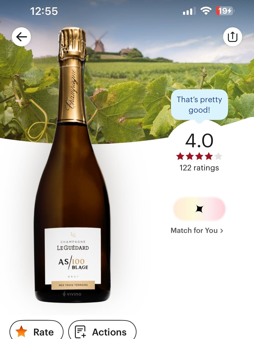 Photo shared by 아리랑곳간_김민선_기름집소믈리에 on November 27, 2025 tagging @goodies_minseon. May be an image of champagne, wine bottle and text that says '12:55 ← 194 That'spretty That's pretty good! 4.0 122 ratings IG CHAMPAGNE PAGN LEGUÉDARD AS/100 BLAGE Match for You > BRUT MES TRDIS TERROIRS Rate 民 Actions'.