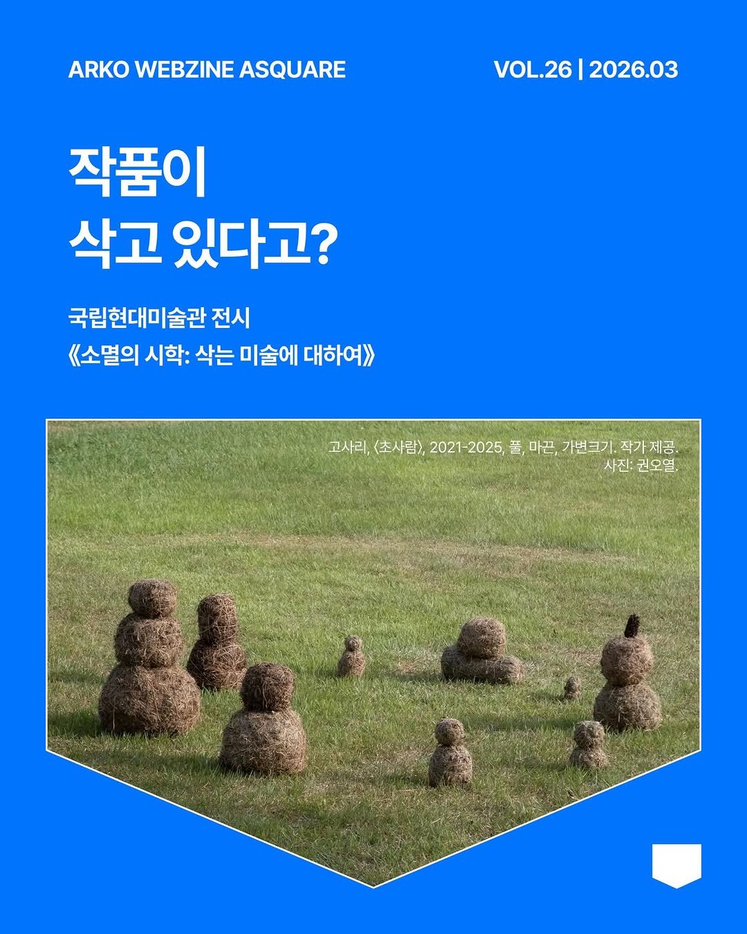 Photo by 한국문화예술위원회 웹진 에이스퀘어(A SQUARE) on March 13, 2026. May be an image of text that says 'ARKO WEBZINE ASQUARE VOL.26 VOL.26|2026.03 2026.03 작품이 삭고 있다고? 국립현대미술관 전시 《소멸의 시학: 삭는 미술에 대하여>> 고사리, <초사립>, 2021-2025 2021 2025, 풀, 마끈, 가변크기. 작가 마끈,가번크기.작가제공. 작가제공. 제공, 사진:권오일. 사진: 권오일.'.