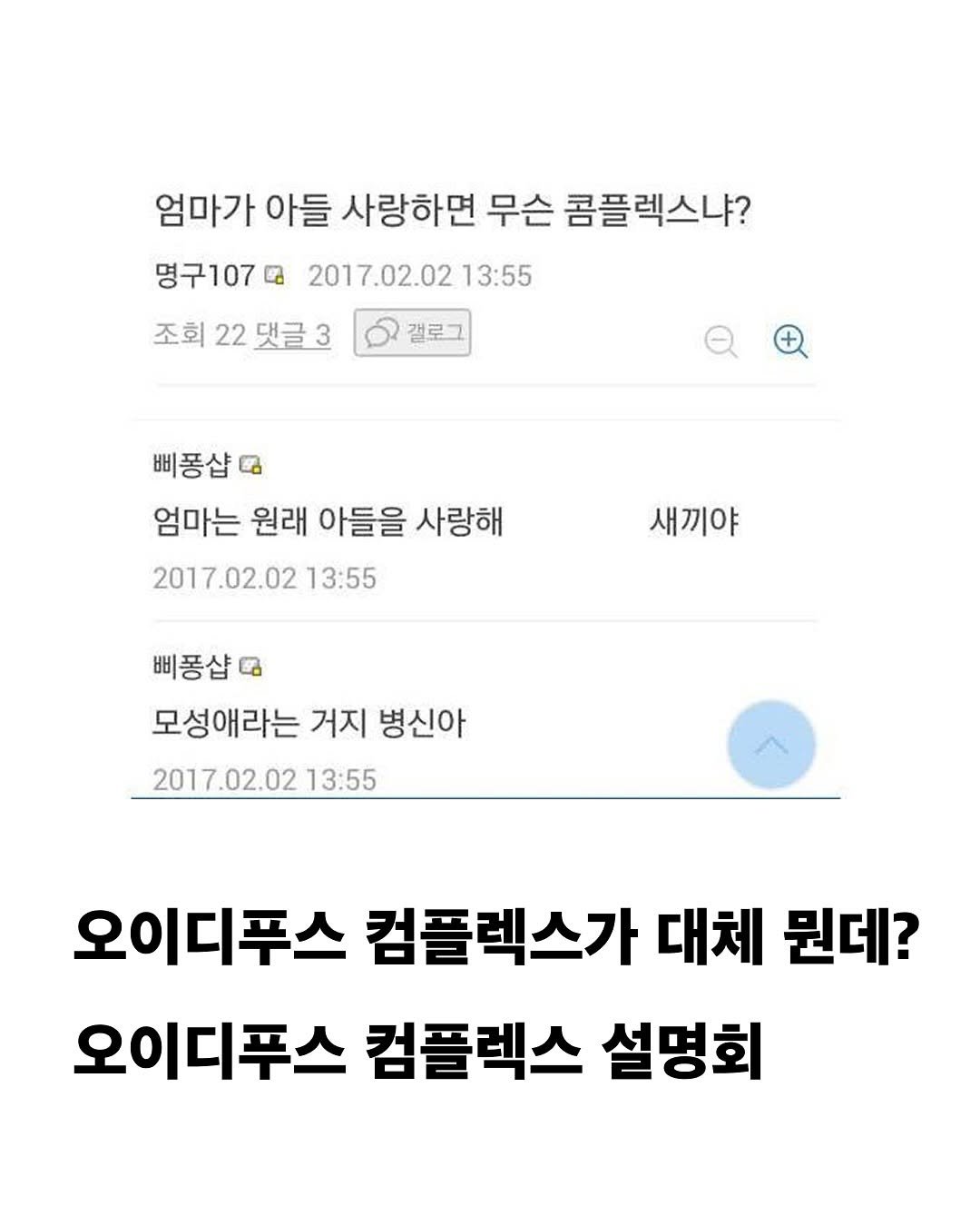 Photo by 교양 있고 싶은 사람 (교있사) on August 14, 2025. May be an image of text that says '엄마가 아들 사랑하면 무슨 콤플렉스냐? 명구107 ៨ 2017.02.02 13:55 조회 22 22댓글3 댓글3 갤로그 삐종샵 엄마는 원래 아들을 사랑해 2017.02.02 13:55 새끼야 삐똥샵 모성애라는 거지 병신아 2017.02.02 13:55 오이디푸스 컴플렉스가 대체 뭔데? 오이디푸스 컴플렉스 설명회'.