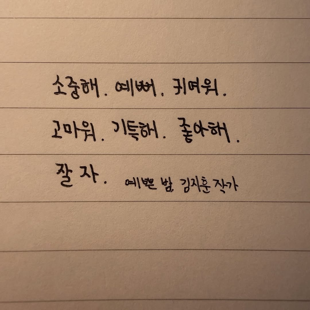Photo shared by 김지훈 작가 / 진심의꽃한송이 on February 21, 2026 tagging @artist_jihun. May be an image of text that says '소중해 예뻐, 귀여워. 고마워. 기득해. 좋아해 잘자. 예쁜 밤, 김지훈작가 예쁜밤김지훈장가 김지훈 작가'.