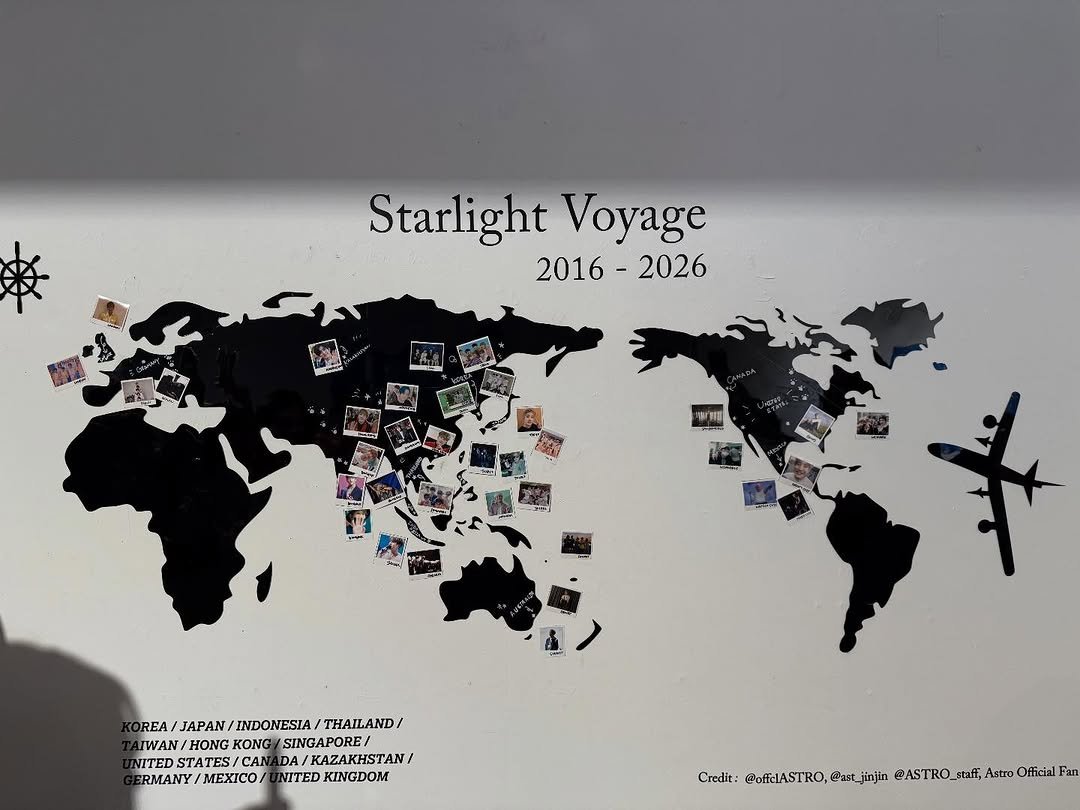 Photo by 진진 on March 15, 2026. May be an image of map, poster, globe and text that says 'Starlight Voyage 2016- 2016-2026 2026 M 中料事 REA REA/JAPAN/INDONESIA/THAILAND/ JAPAN/ INDONESIA/ THAILAND/ IWAN HONG KONG SINGAPORE/ NITED STATES/C CA DA A/KAZAKHSTAN/ ERMANY RMANY/MEXICO/ EX NITED KINGDOM ￥ Credit: nlt:ceaSToSTO Official Fan @offeLASTRO, @ast_jinjin @ASTRO_ _staff, Astro'.
