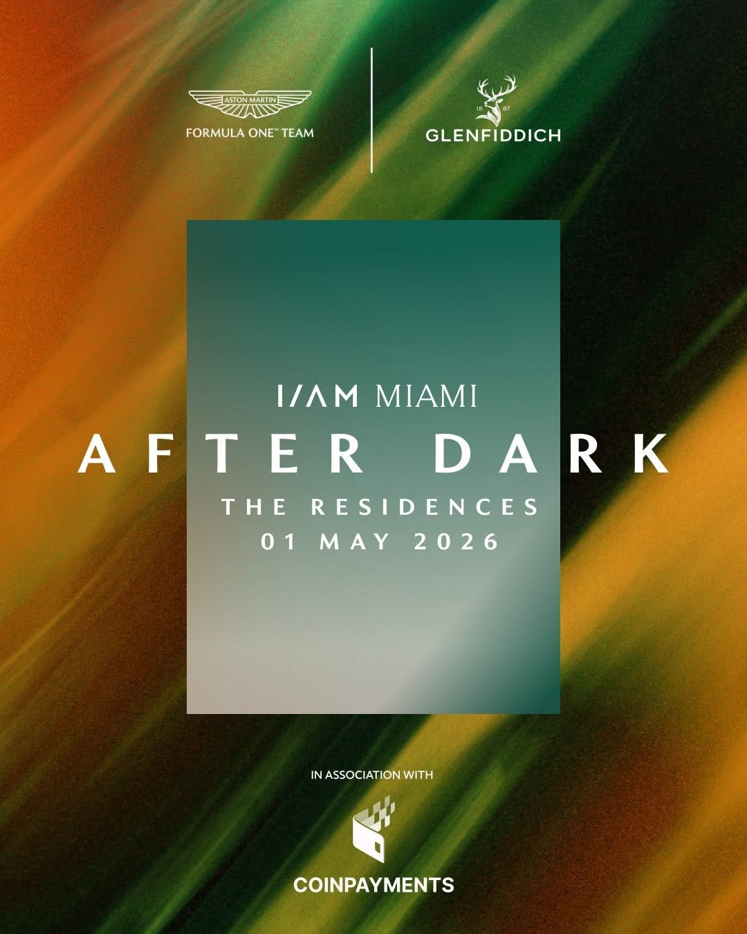 Photo by Aston Martin Aramco Formula One™ Team on April 24, 2026. May be an image of ‎poster, night and ‎text that says '‎PATE 13 FORMULA ONE FORMULAONETEAM ONETEAN TEAM لقید GLENFIDDICH I/AM MMI AFTER FTERDARK DARK THE RESIDENCES 01 01MAY2026 MAY 2026 IN INASSOCIATIONWITH COINPAYMENTS‎'‎‎.