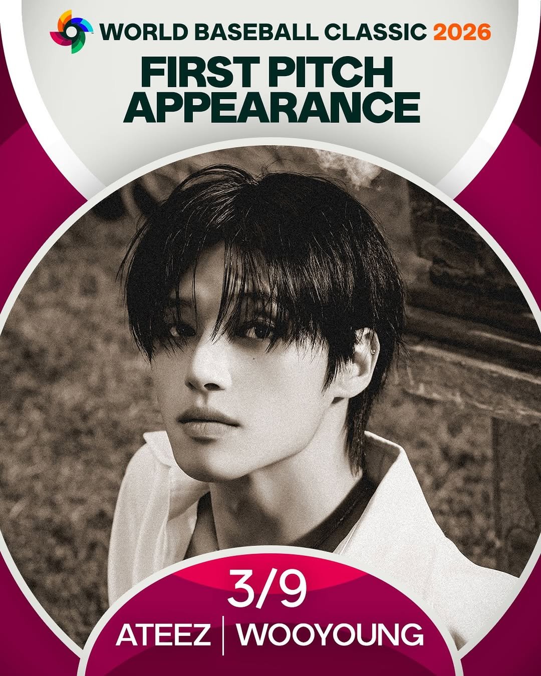 Photo shared by MLB ⚾ on March 02, 2026 tagging @wbcbaseball, @mlb.korea, @ateez_official_, and @wooyounggg__. May be an image of text that says 'WORLD BASEBALL CLASSIC 2026 FIRST PITCH APPEARANCE 3/9 ATEEZ WOOYOUNG'.