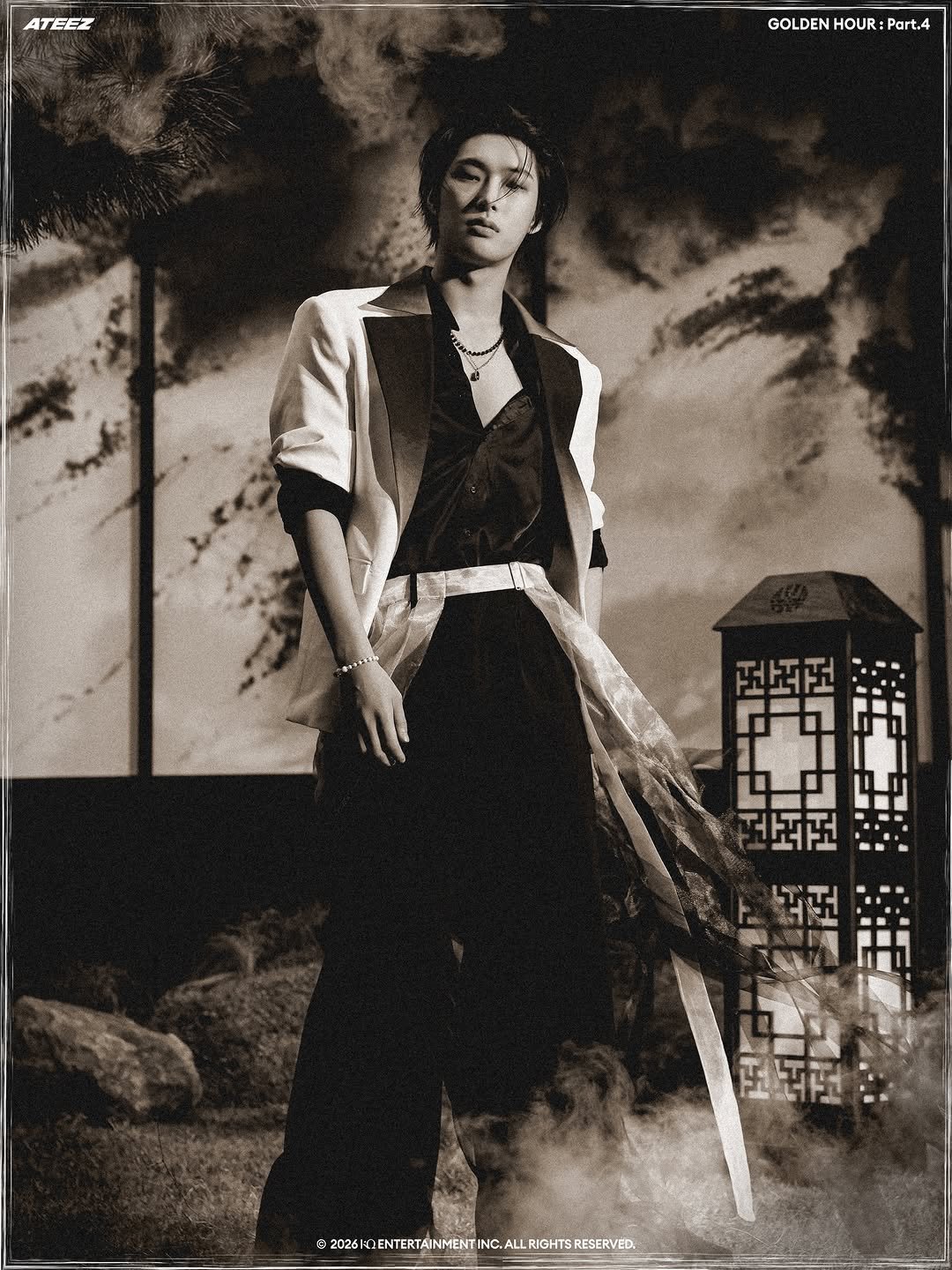 Photo shared by ATEEZ(에이티즈) on January 14, 2026 tagging @fixon_n_on. May be a black-and-white image of martial arts, poster and text.