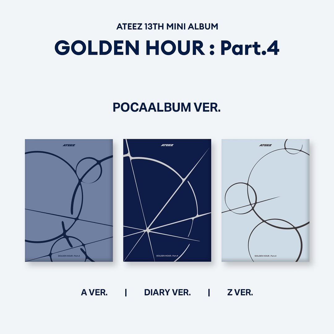 Photo by ATEEZ(에이티즈) on January 12, 2026. May be an image of poster and text that says 'ATEEZ 13H MINI ALBUM GOLDEN HOUR: Part.4 POCAALBUM VER. ATEEZ ATREZ ATEZZ COLOEHCI.NOA a3eHa Hout A AVER. VERDIARYVER|ZVER. VER. I DIARY DIARYVER. VER. I ZVER.'.