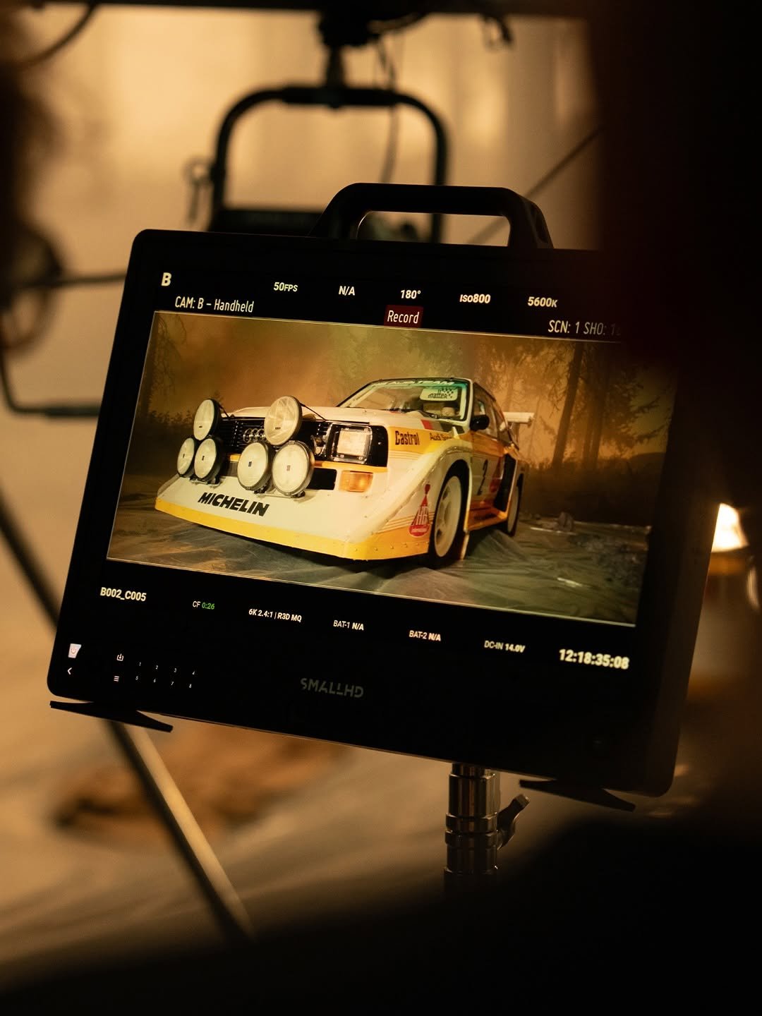 Photo shared by Audi Sport on February 28, 2026 tagging @auditradition. May be an image of camera, screen, camcorder and text that says 'B CAM: B- Handbeld 50FPS N/A 180" IS0800 Record 5600K SCN: ဆော်ခ bttua MICHELIN B002_C005 C005 B002 0ង 6K241: 210 R20起 BAT- MSA BAT2 ROOA DC-AIN DC-IN14.0V 14.0V 12:18:35：08'.