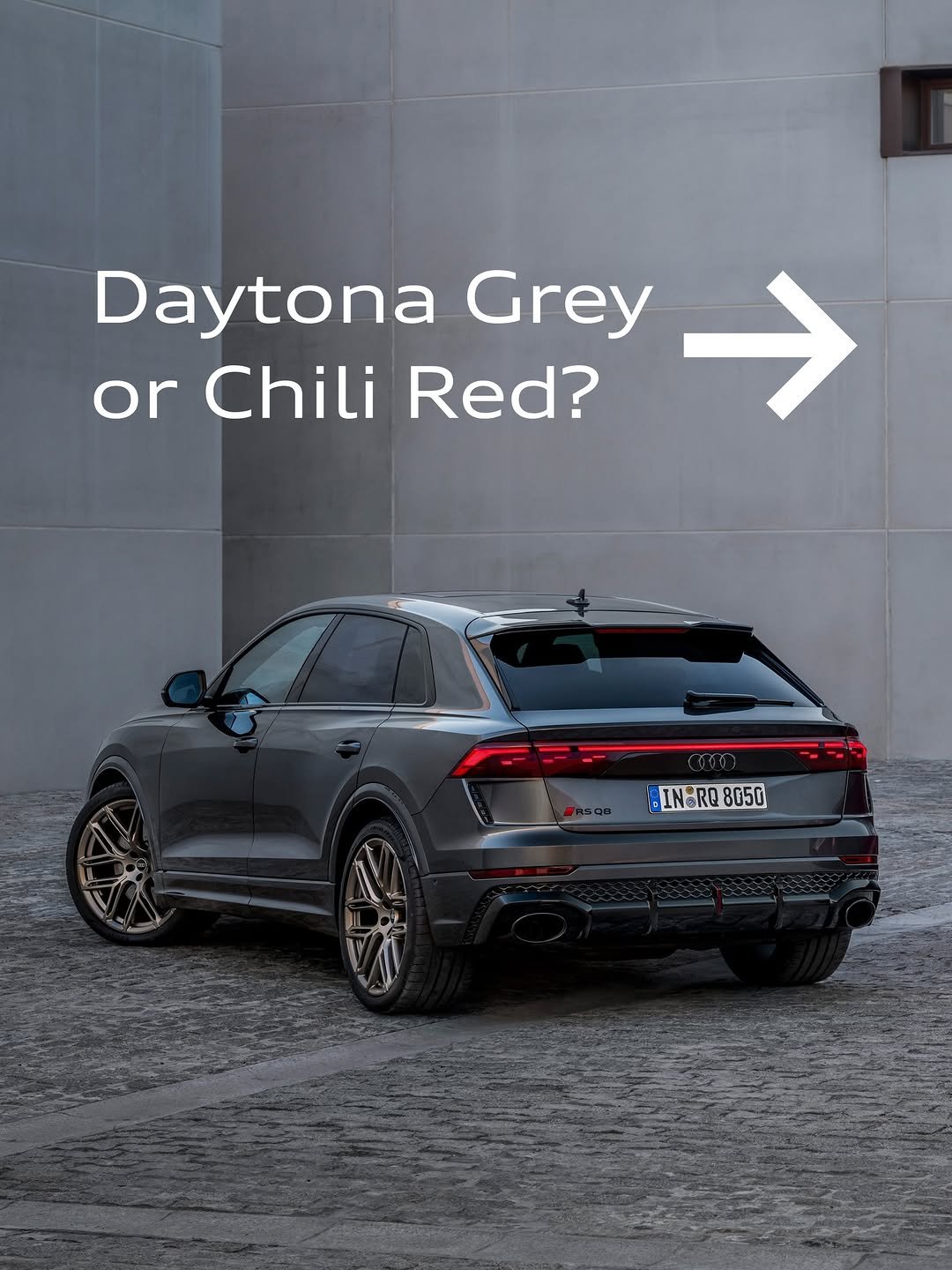 Photo by Audi Sport on November 27, 2025. May be an image of sedan, wheel and text that says 'Daytona Grey or Chili Red? → IN:RQ -IN:RQ865G 8G50'.
