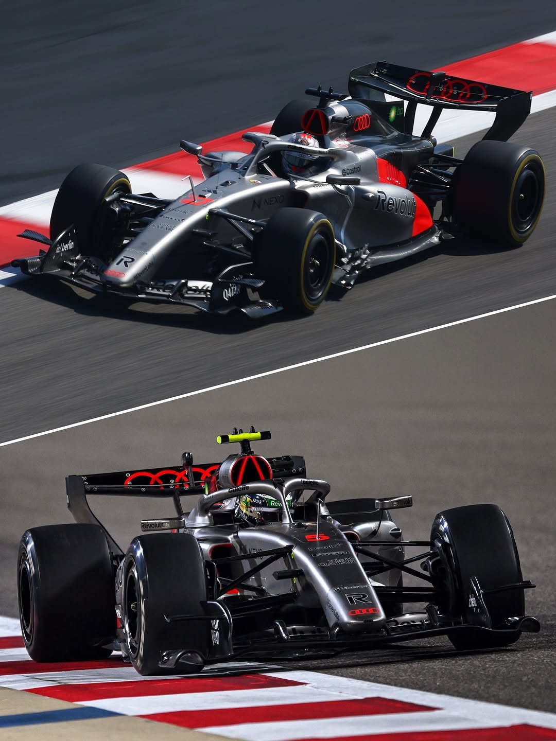 Photo shared by Audi Sport on February 22, 2026 tagging @gabrielbortoleto_, @hulkhulkenberg, and @audif1. May be an image of racing vehicles, race car and text.