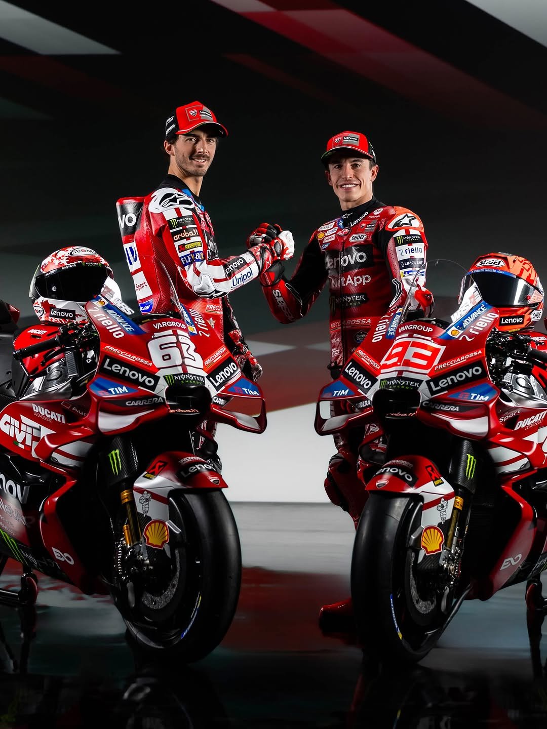 Photo shared by Audi Sport on February 26, 2026 tagging @ducati, @motogp, @pecco63, @marcmarquez93, @ducatideutschland, and @ducaticorse. May be an image of racing vehicles, motorcycle, helmet and text.