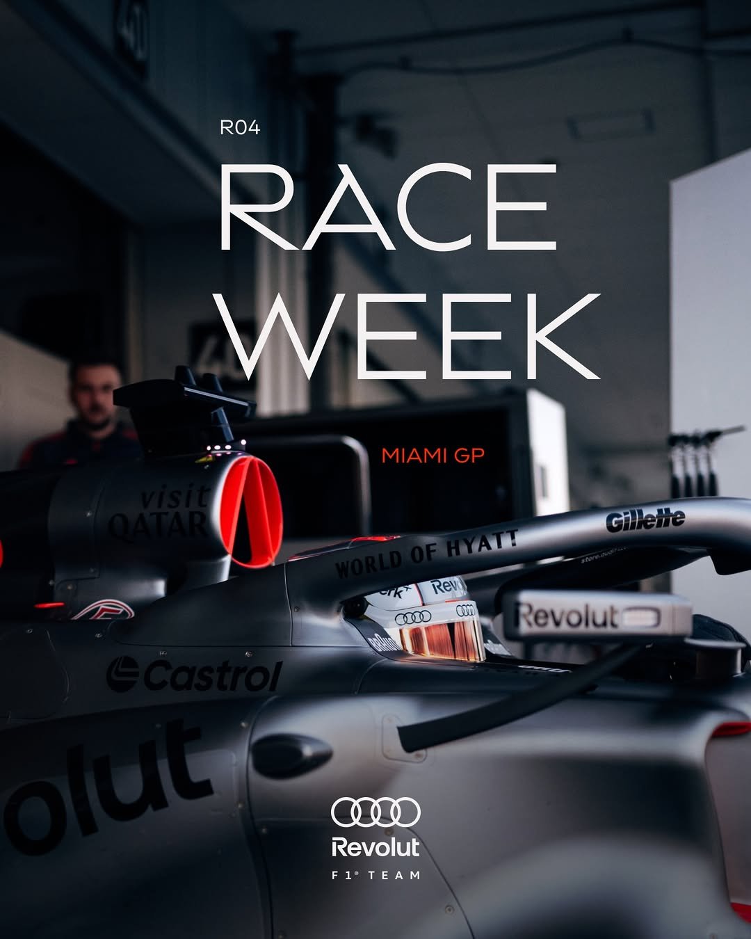 Photo shared by Audi Revolut F1 Team on April 27, 2026 tagging @audiusa, and @audisport. May be an image of ‎racing vehicles and ‎text that says '‎R04 R04 RACE WEEK MIAMIGP GP Gillette ette حا Revi Ca น Revolut D QIID Revolut FITEAM F1" T T I‎'‎‎.