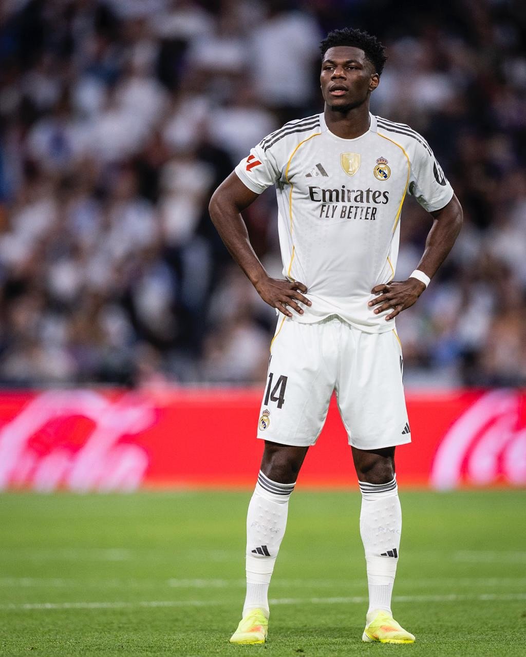 Photo shared by Aurelien Tchouameni on October 26, 2025 tagging @realmadrid. May be an image of football, soccer, cleats and stadium.