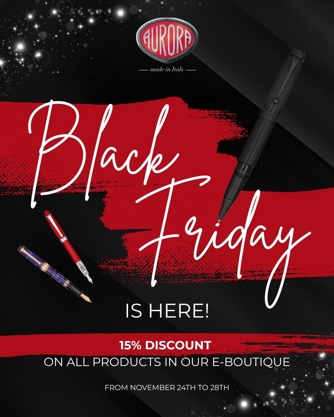 Photo by Aurora Pen in Aurora Pen. May be an image of pen and text that says 'AURORE mode nodeinFinhy in Itrly Black ikag 建餐 IS Friday HERE! 15% DISCOUNT ON ALL PRODUCTS IN OUR E-BOUTIQUE FROM NOVEMBER 24TH to 28TH'.