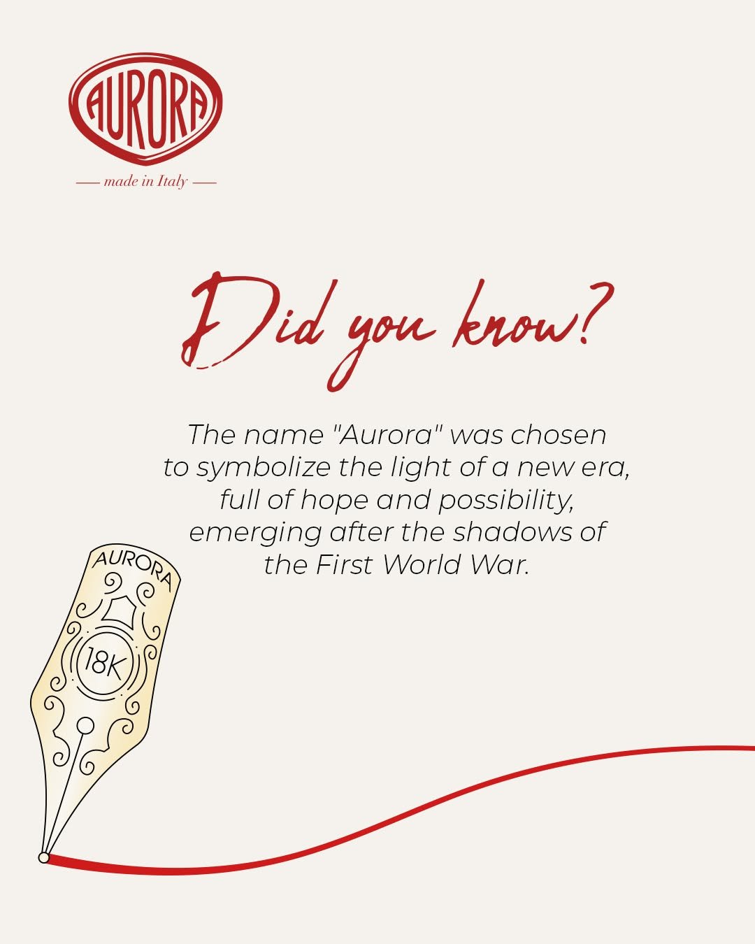 Photo by Aurora Pen on October 28, 2025. May be a graphic of poster, magazine and text that says 'AURORE made madeinItaly in in Italy Did yoM krow? The name "Aurora" was chosen to symbolize the light of a new era, full of hope and possibility, AURORA emerging after the shadows of the First World War.'.