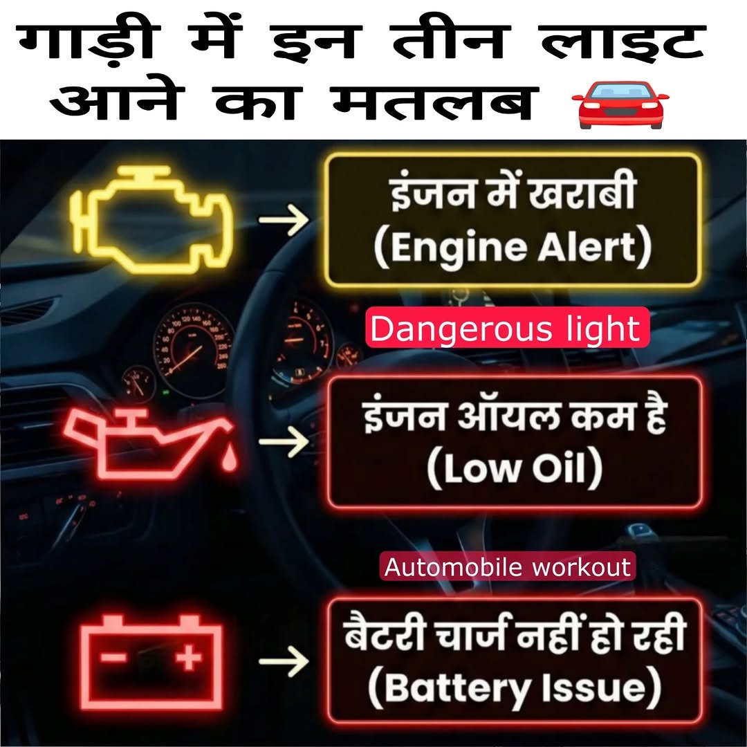 Photo by automobile workout on December 28, 2025. May be an image of car and text that says 'गाड़ी में इन तीन लाइट आने का मतलब इंजन में खराबी (Engine Alert) Dangerous light इंजन ऑयल कम है (Low Oil) Automobile workout + बैटरी चार्ज नहीं हो रही (Battery Issue)'.