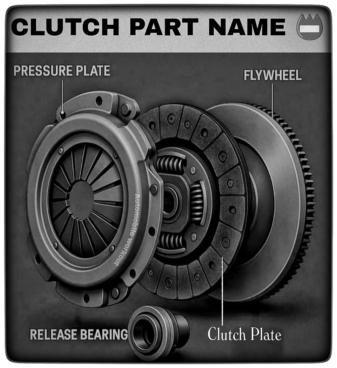 Photo by automobile workout on August 09, 2025. May be an image of auto part and text that says 'CLUTCH PART NAME PRESSURE PLATE FLYWHEEL ao nonont 3wawomy ЛOMAOM RELEASE RELEASEBEARING BEARING ClutchPlate Clutch Plate'.