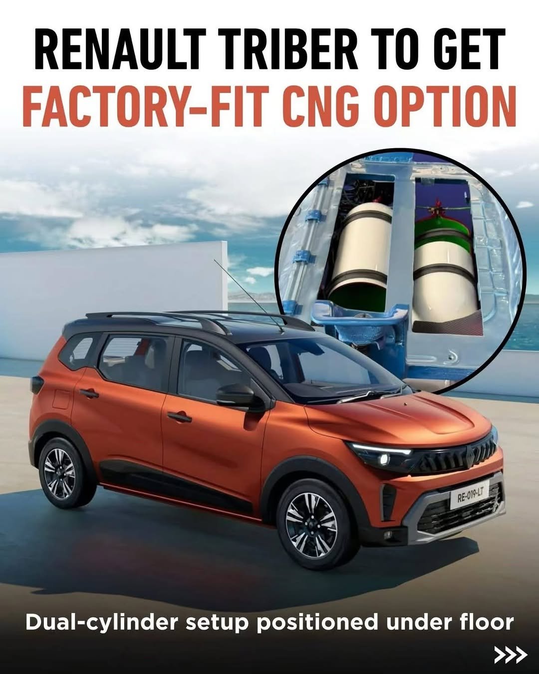Photo by AUTOREVIEW on April 17, 2026. May be an image of car, wheel, minivan and text that says 'RENAULT TRIBER TO GET FACTORY-FIT CNG OPTION RE-019-LT Dual-cylinder setup positioned under floor >>>'.