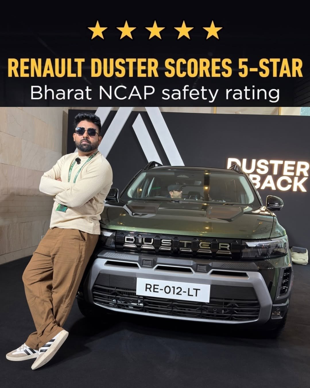 Photo shared by AUTOREVIEW on April 20, 2026 tagging @renaultindia. May be an image of standing, jeep, car and text that says 'RENAULT DUSTER SCORES 5-STAR Bharat NCAP safety rating MUSTER BACK BACK RE-012-LT'.