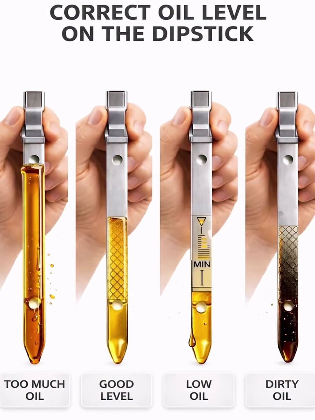 Photo by AUTOREVIEW on April 16, 2026. May be an image of lighter, pen, screwdriver and text that says 'CORRECT OIL LEVEL ON THE DIPSTICK MIN I TOO MUCH OIL GOOD LEVEL LOW OIL DIRTY OIL'.