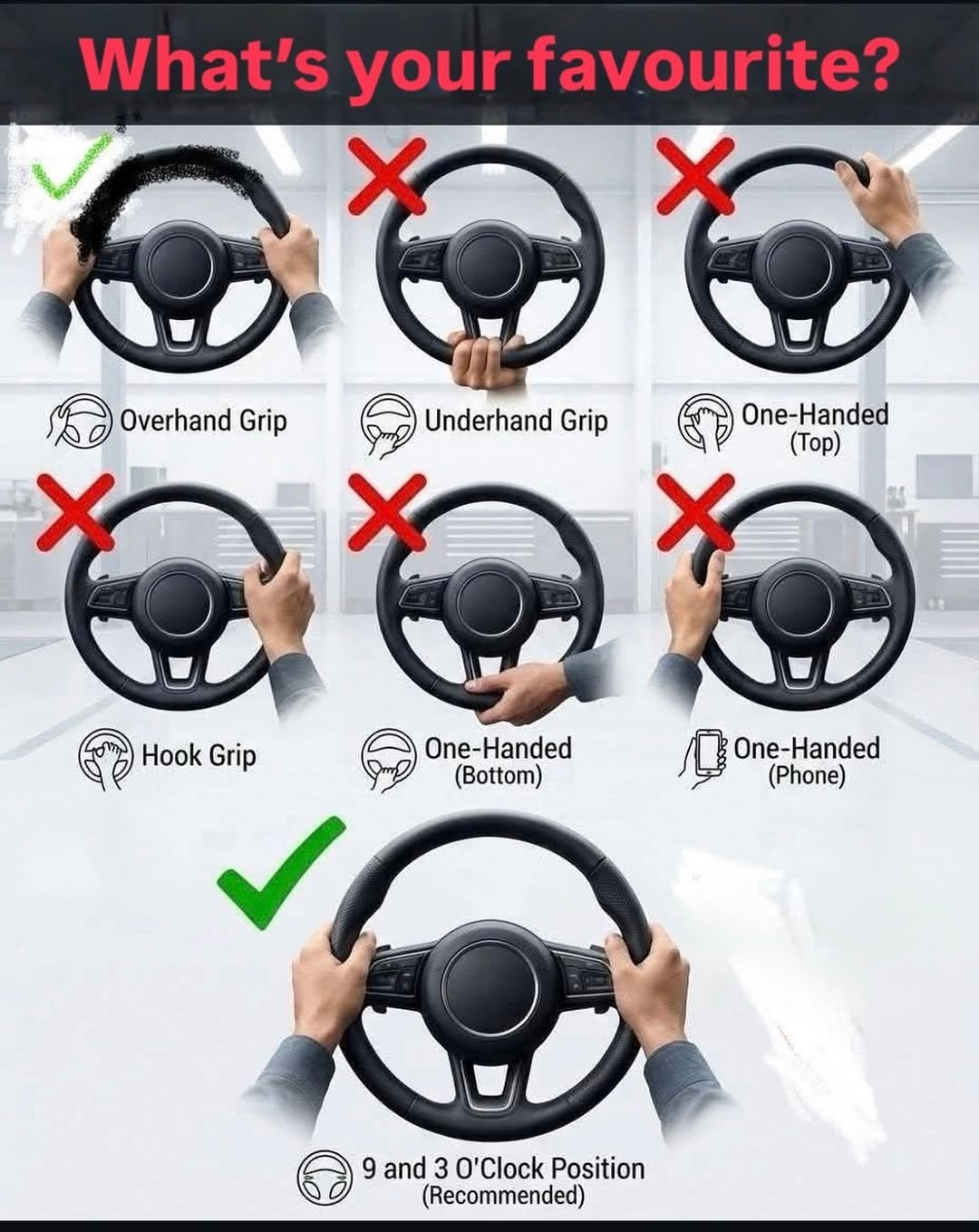 Photo by AUTOREVIEW on April 18, 2026. May be an image of videogame controller, wheel and text that says 'What's your favourite? Overhand Grip Underhand Grip One-Handed (Top) うと Hook HookGrip Grip One-Handed One-Handed (Bottom) (Phone) 9 and 3 O'Clock Position (Recommended)'.