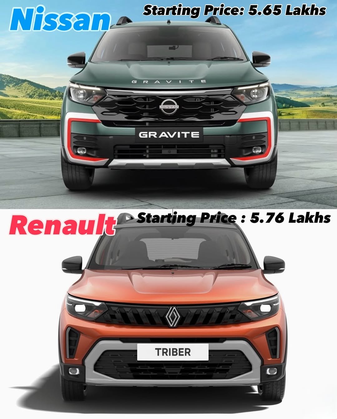 Photo by AUTOREVIEW on February 18, 2026. May be an image of sedan, minivan, wheel and text that says 'Nissan Starting Price: StartingPrice:5.65Lakhs 5.65 Lakhs GRAVITE NISSAN GRAVITE Renault StartingPrice:5.76 StartingPr e: 5.76Lakhs 5.76 Lakhs e TRIBER'.
