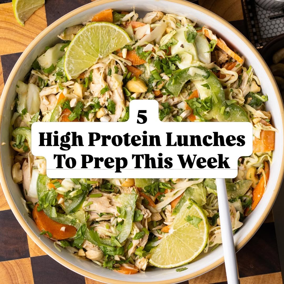 Photo by Kristi Roeder on March 14, 2026. May be an image of chicken, chow mein, vegetable and text that says '5 High Protein Lunches To Prep This Week'.