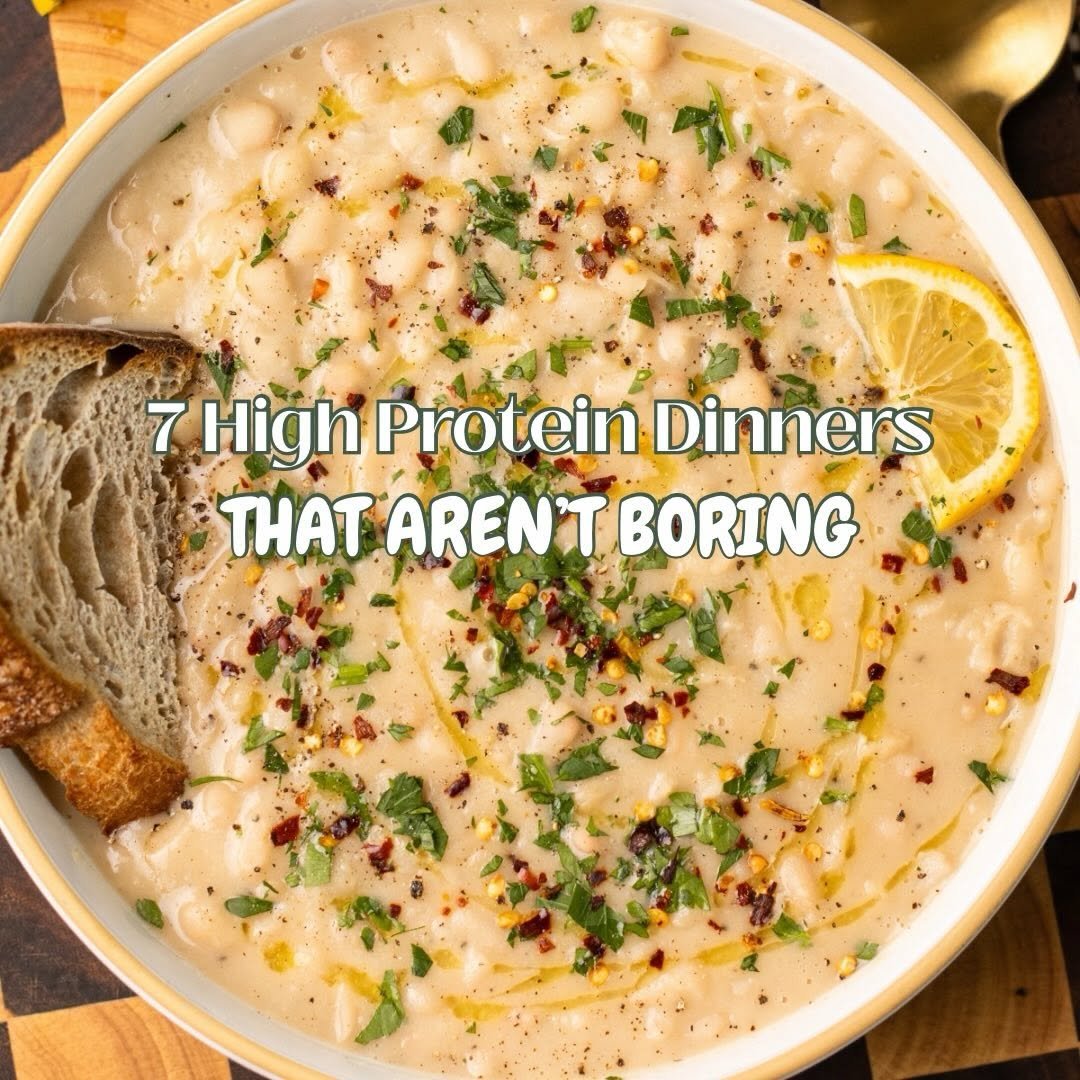 Photo by Kristi Roeder on March 11, 2026. May be an image of alphabet soup, soup, vegetable and text that says '7 High Protein Dinners THAT AREN'T BORING'.